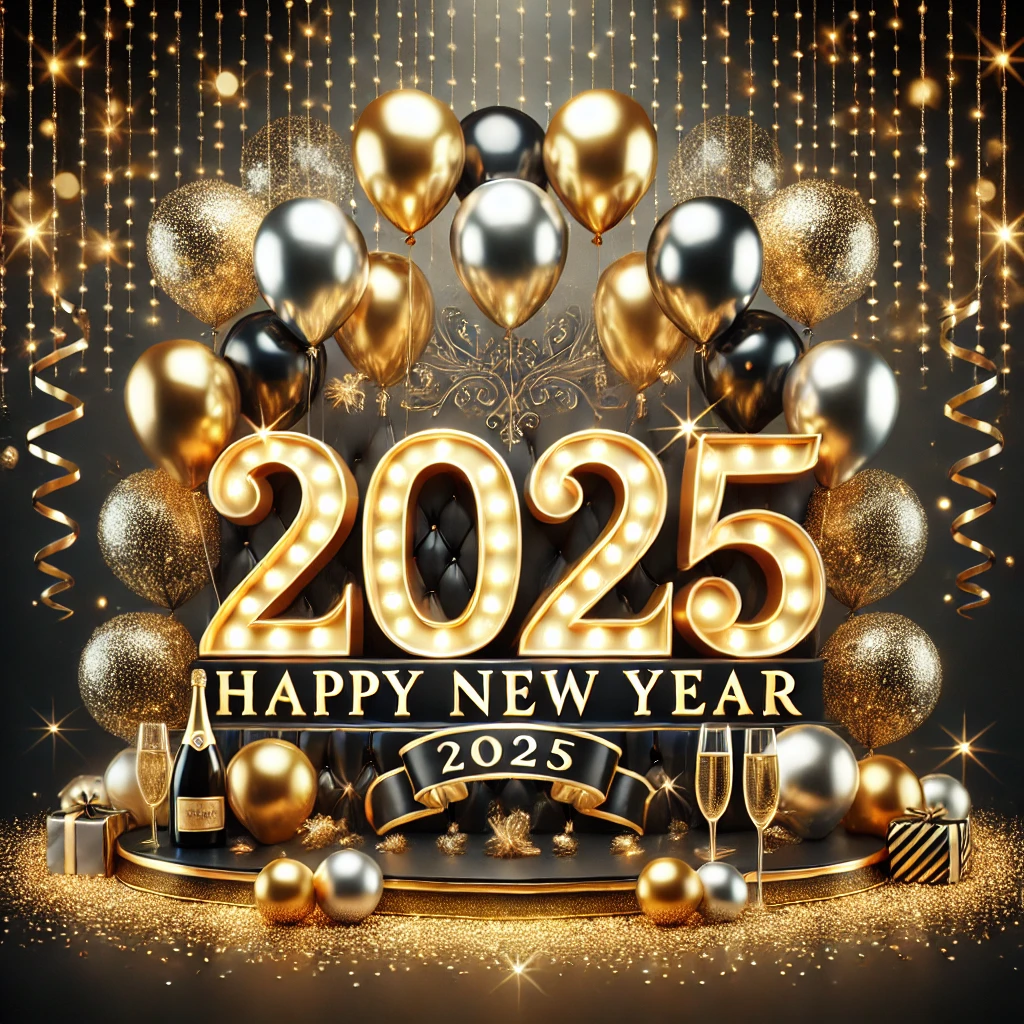 A dazzling Happy New Year 2025 scene featuring golden and silver balloons floating against a sparkling black and gold background. The illuminated '2025' text is surrounded by confetti, streamers, and champagne bottles, creating a luxurious and celebratory atmosphere.