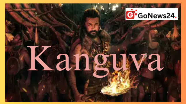 Bobby Deol in a still from the movie 'Kanguva' holding a fire torch, surrounded by warriors, with the GoNews24 logo in the corner